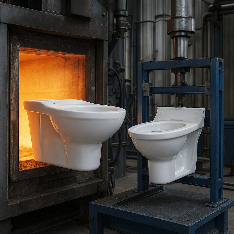 A close-up of the components of a wall-mounted toilet, showcasing the high-temperature fired ceramic and the load-bearing frame